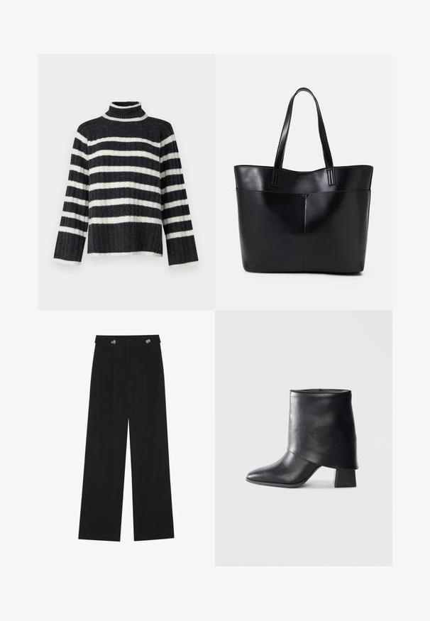 Sweter z golfem w czarno-białe paski o luźnym kroju, prążkowanej fakturze i długich rękawach. Posiada wysoki kołnierz i poziome paski.; Czarne szerokie spodnie z wysokim stanem, z detalami w postaci guzików na pasku oraz plisami z przodu.; Czarny skórzany botek za kostkę z ostrym noskiem, gładką fakturą i wyraźnie zdefiniowanym blokowym obcasem. Posiada wysoki, zwinięty mankiet.; Czarna skórzana torba na ramię z dwoma długimi uchwytami, gładką teksturą i sztywną formą. Posiada przednią kieszeń dla dodatkowego przechowywania.