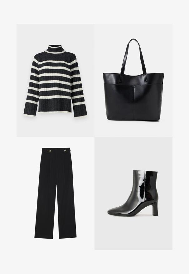 Black and white striped turtleneck sweater with a loose fit, ribbed texture, and long sleeves. Features a high collar and horizontal stripes.; Black wide-leg trousers with high waist, button details on waistband, and front pleats.; Black patent leather ankle boot with a pointed toe and a mid-height block heel. Smooth texture and minimalist design.; Black leather tote bag with two long handles, a smooth texture, and a structured shape. Features a front pocket for additional storage.
