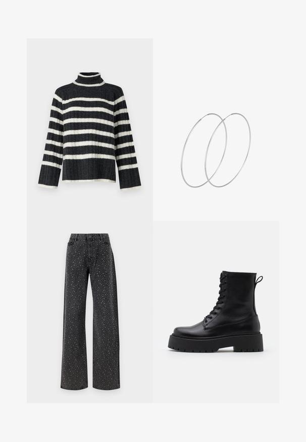 Puli turtleneck džemper crno-bijelih pruga, s ležernim krojem, rebrastom teksturom i dugim rukavima. Ima visoki ovratnik i horizontalne pruge.; Noisy May NMJANNEL LOOSE - Traperice opuštenog kroja - black denim; Crne kožne gležnjače s okruglim vrhom, vezanjem sprijeda i debelim gumenim potplatom s teksturiranim uzorkom. Tipa: traka za vuču na stražnjoj strani.; Srebrne okrugle naušnice s minimalističkim dizajnom. Kružni oblik, glatka tekstura i tanak profil. Lagane s poliranim završetkom.
