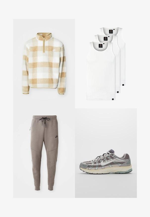 Fleece pulóver félcipzárral, bézs és fehér kockás mintával, kis logóval a mellrészén. Puha tapintás és laza fazon.; Három fehér csíkos pamut trikó. Felső része kerek nyakkivágású, és a szegély közelében kis fekete címkék találhatók. Több méretben elérhető.; Szürke Nike melegítőnadrág húzózsinórral a deréknál, keskeny lábakkal, oldalsó zsebekkel és jellegzetes varrás részletekkel. Puha, texturált anyag.; Szürke sportcipő, hálós és velúr felsőrésszel, fehér részletekkel, párnázott talppal és jellegzetes dizájnnal, amely visszaverő elemeket tartalmaz.