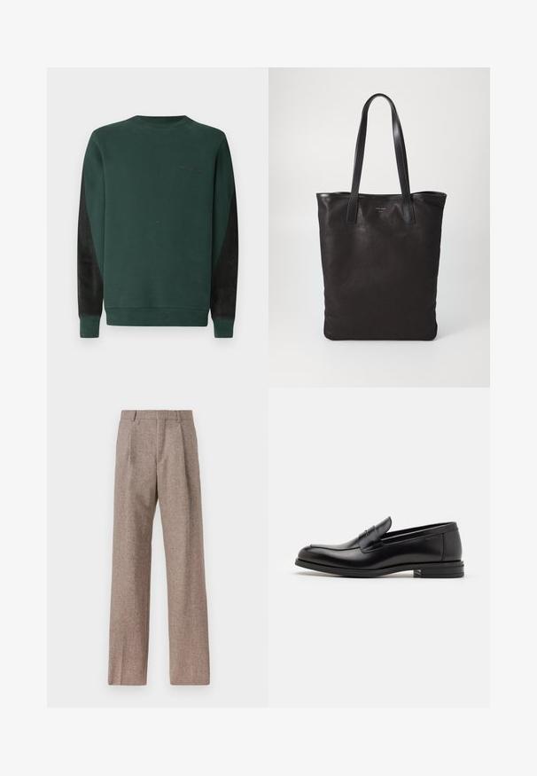 Sweatshirt verde com decote redondo, painéis laterais pretos e um discreto detalhe do logótipo em preto no peito. Tecido macio e texturizado.; Calças castanhas de cintura alta feitas de tecido texturado. Apresentam pernas largas e duas pregas frontais para estrutura. Acabamento cuidadoso sem hardware visível.; Mocassins de couro preto com uma textura suave, bico arredondado e uma faixa decorativa sobre o peito do pé. Salto baixo e empilhado, design minimalista.; Saco de lona preto com alças de couro pretas. Design simples, corpo espaçoso e textura suave. Sem logótipos ou padrões visíveis.