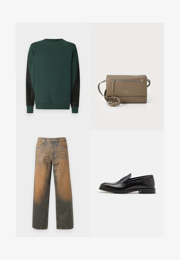 Felpa verde con collo rotondo, pannelli laterali neri e dettagli del logo in nero sul petto. Tessuto morbido e texturizzato.; Jeans a gamba larga in denim blu e marrone scuro con effetto usurato. Presentano un alto punto vita, tasche frontali e una chiusura con bottone classico arricchita da dettagli metallici.; Mocassini neri in pelle con una texture liscia, punta arrotondata e una striscia decorativa sulla tomaia. Tacco basso impilato, design minimalista.; Borsa a tracolla in pelle taupe con tasca anteriore con cerniera, tracolla regolabile, texture a granuli e logo embossato sulla parte anteriore.