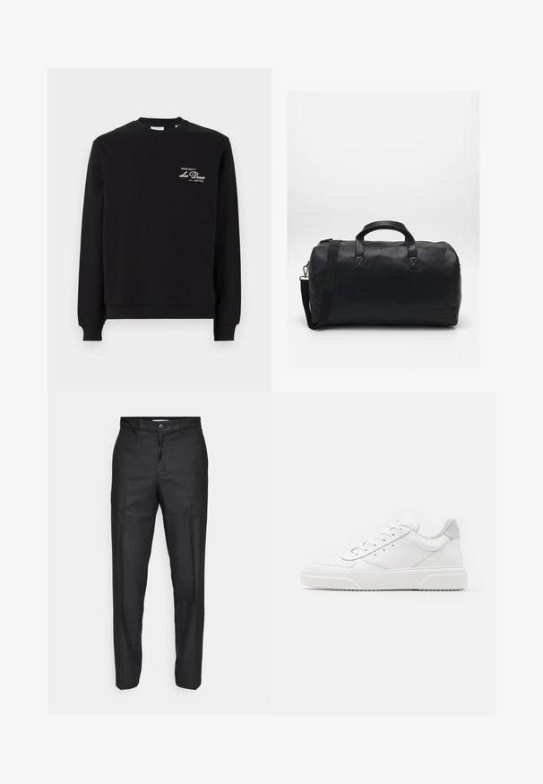 Sudadera negra de manga larga, con puños acanalados y cuello redondo. Presenta un pequeño logo blanco y dorado en la parte superior izquierda del pecho. Tejido suave.; Pantalones negros de tela suave, con cierre de botón en la parte delantera, piernas rectas y sin bolsillos ni patrones visibles.; Zapatillas de cuero blanca con un acabado suave, punta redondeada, cordones planos y una suela texturada. Acento de ante gris en el talón.; Bolsa de deporte negra hecha de material sintético texturizado. Cuenta con dos asas y una correa de hombro ajustable. Diseño sencillo sin patrones visibles.