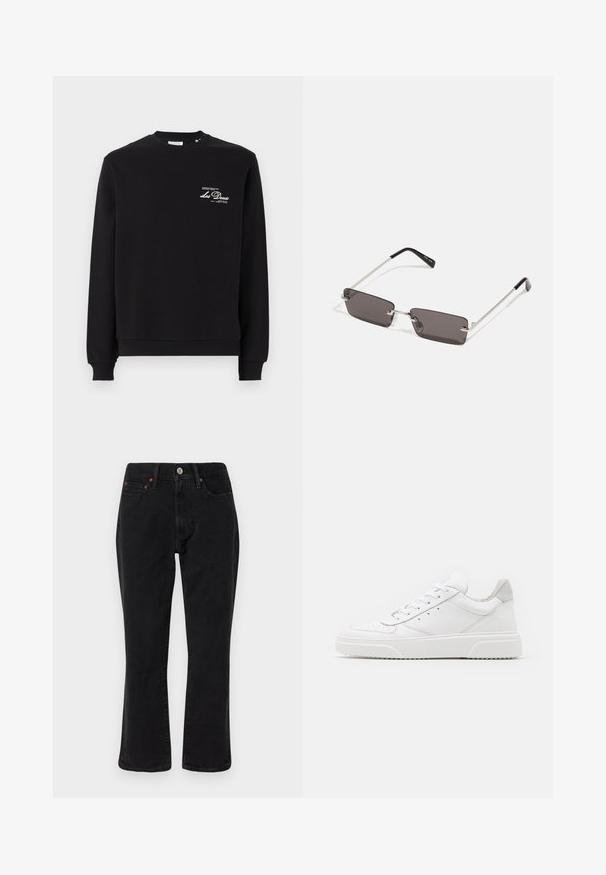 Black sweatshirt with long sleeves, ribbed cuffs, and crew neckline. Features a small white and gold logo on the upper left chest. Soft fabric.; Black denim jeans featuring a straight leg design, five-pocket style, and metal hardware with copper accents. Smooth texture and medium rise.; White leather sneakers with a smooth finish, rounded toe, flat laces, and a textured sole. Grey suede accent at the heel.; Sunglasses with rectangular, dark grey lenses, silver metal frames, and black plastic tips on the arms. Lightweight design with nose pads.