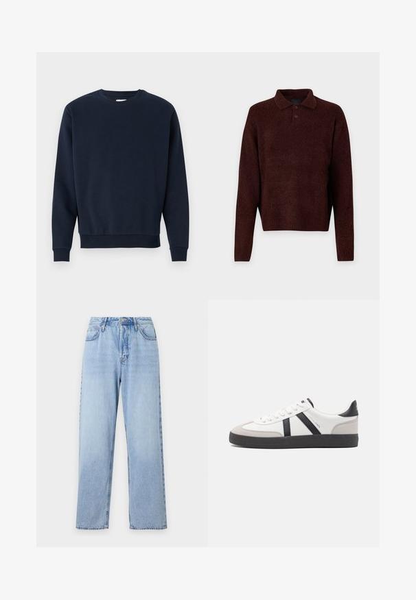 Námořnická modrá bavlněná mikina s kulatým výstřihem, dlouhými rukávy a ribbovanými manžetami a spodním lemem. Hladká textura, minimalistický design, žádné viditelné logo.; Hnědý pletený pullover s polo límcem, třemi knoflíky na krku a dlouhými rukávy. Měkká textura, žebrované manžety a lem.; Světle modré džíny z denimu se rovný fit, vysokým pasem, pěti kapsami a uzávěrem na horní knoflík. Mají vybledlý vzhled a kontrastní prošívání.; Bílé tenisky s černými a šedými akcenty, opatřené texturovaným šedým prstovým krytem, černou gumovou podrážkou a plochými bílými tkaničkami. Čistý design, minimalistický styl.