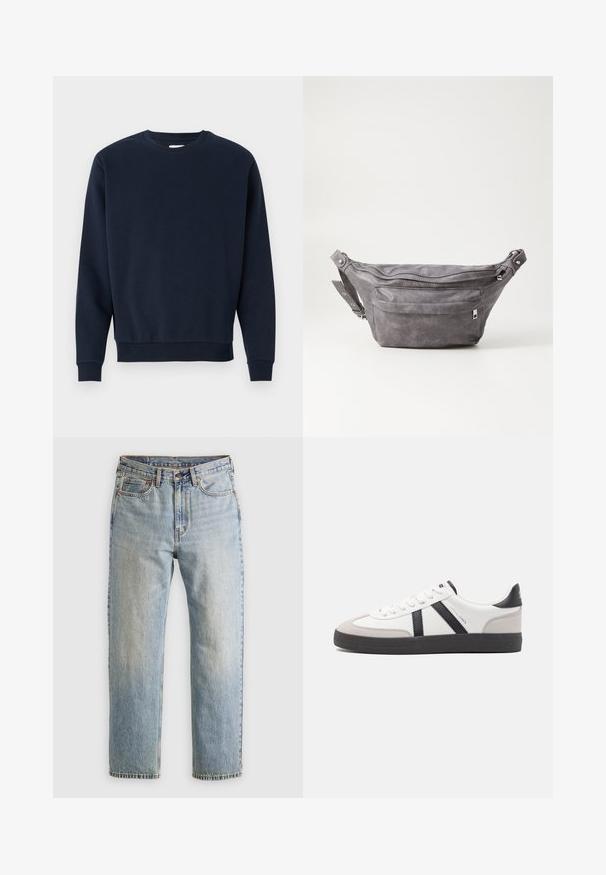 Tmavomodrý bavlnený sveter s okrúhlym výstrihom, dlhými rukávmi a rebrovanými manžetami a spodným lemom. Hladká textúra, minimalistický dizajn, žiadne viditeľné logá.; Svetlomodré džínsy s vysokým pásom, predným gombíkom, zipsom a dizajnom s piatimi vreckami, rozložené na neutrálnom pozadí.; Biele tenisky s čiernymi a šedými akcentmi, s textúrovanou šedou špičkou, čiernou gumovou podrážkou a plochými bielymi šnúrkami. Čistý dizajn, minimalistický štýl.; Sivá semišová ľadvinka s okrúhlym tvarom, dvoma zipsovými priehradkami a nastaviteľným popruhom. Obsahuje kovové prvky.