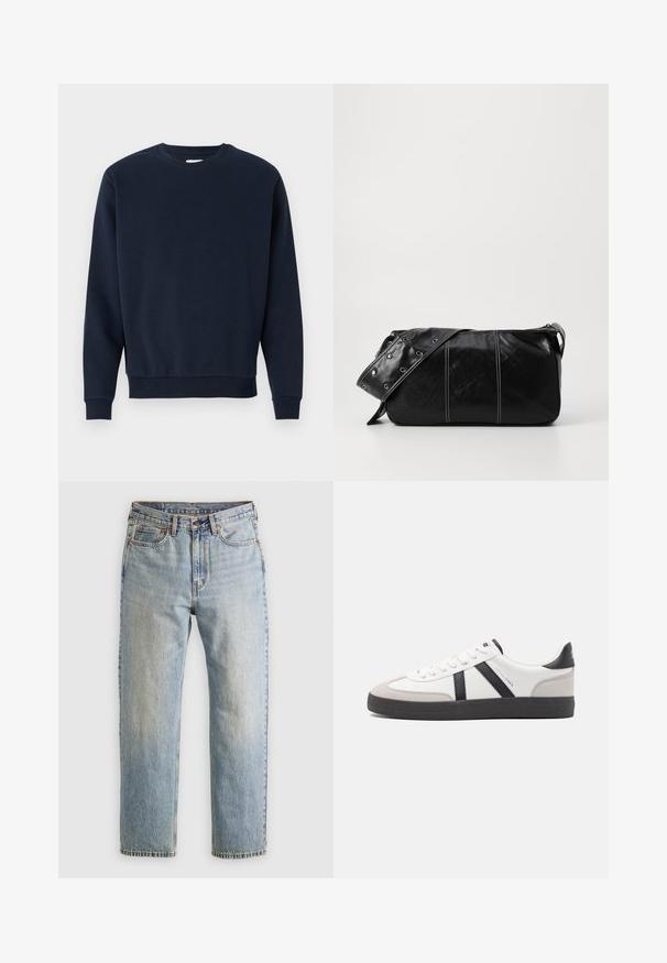 Navy blue cotton sweatshirt with a crew neck, long sleeves, and ribbed cuffs and hem. Smooth texture, minimal design, no visible logos.; Light blue denim jeans with high waist, front button, zipper, and five-pocket design, laid flat on a neutral background.; White sneaker with black and gray accents, featuring a textured gray toe cap, black rubber sole, and flat white laces. Clean design, minimalist style.; Black leather shoulder bag with a zip closure, featuring a textured body, white stitching, and a strap with silver grommets.