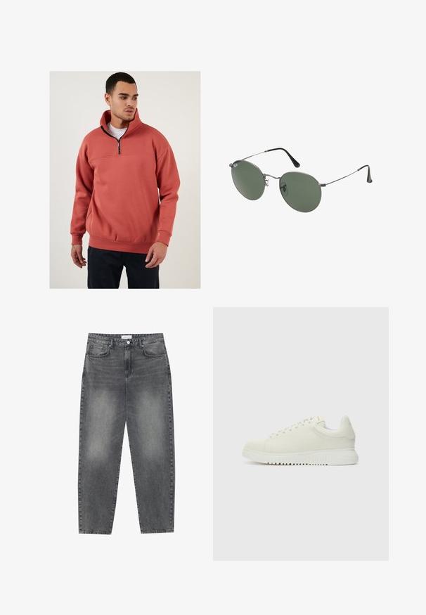 Pullover in pile di colore corallo con colletto a zip quarti. Presenta una cucitura orizzontale all'altezza del petto e polsini a costine. Texture morbida.; Maglietta bianca in cotone con maniche corte, scollatura rotonda, vestibilità comoda e senza loghi o motivi visibili. Texture liscia e design minimale.; Jeans a vita alta, dal taglio ampio in denim nero sbiadito. Presentano cinque tasche, passanti per cintura e un design dritto e pulito.; Sneaker bianca in pelle con superiore testurizzato, punta arrotondata, suola piatta bianca e lacci tono su tono. Branding discreto sulla linguetta.; Occhiali da sole con montatura in metallo e lenti verdi ovali. Montatura sottile in metallo argento e terminali neri. Design minimalista, senza loghi visibili.