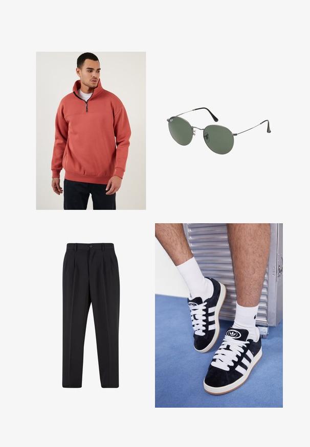 Korall színű polár pulóver negyed cipzáros gallérral. Jellemzője egy vízszintes varrás a mellkason és bordázott mandzsetták. Puha tapintású.; Fekete nadrág, pliszézett elejű dizájnnal, sima anyagból készült. Gombos záródás és övhurkok jellemzik; egyenes szabású.; Fekete velúr sportcipők fehér fűzőkkel és három fehér csíkkal. A nyelvén egy kör alakú fekete logó található, valamint egy gumis talp.; Fémkeretes napszemüveg ovális zöld lencsékkel. Vékony ezüst színű fémkeret és fekete fülrész. Minimalista dizájn, látható logók nélkül.