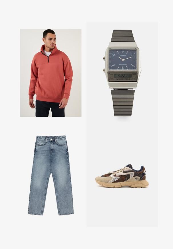 Fleece-Pullover in Koralle mit einem Viertel-Reißverschlusskragen. Mit einer horizontalen Naht über der Brust und gerippten Bündchen. Weiche Textur.; Hellblaue Jeans aus Denim mit geradem Schnitt, sichtbaren Nähten, fünf Taschen-Design und einem Knopfverschluss an der Taille.; Beige und braune Sneakers mit strukturierten Netzpaneelen, Wildlederakzenten und einer Gummisohle. Verfügt über ein Schnürdesign und Marken-Detailing.; Casio Digitaluhr mit blauem Zifferblatt, silbernem Gehäuse und geschichtetem schwarzen Gummiband. Zeigt Uhrzeit und Alarm Einstellungen an. Wasserdicht.