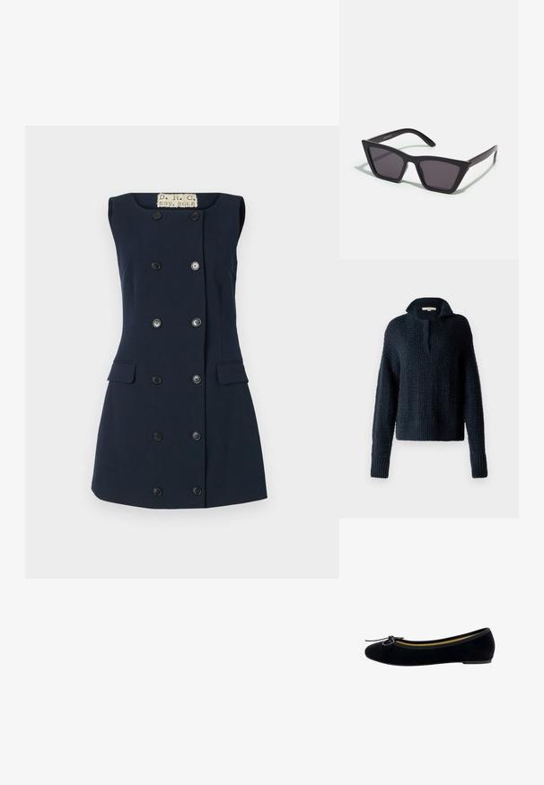 Navy knitted sweater with a high collar, featuring textured vertical stripes and ribbed cuffs and hem. Soft, chunky yarn composition.; Navy sleeveless dress with a fitted shape, double-breasted button closure, two front pockets, and a flat collar for a structured silhouette.; Black velvet ballet flats featuring a round toe, a small bow accent on the front, and a contrasting yellow interior lining.; Black, angular sunglasses with gray lenses; made of plastic, featuring thick arms with a smooth surface and no visible hardware.