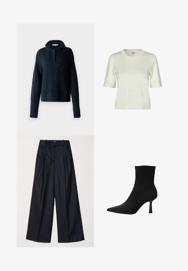 Merinovärinen neulepaita, jossa on korkea kaulus, tekstuurilliset pystyraina ja joustinneuleiset hihansuut ja helma. Pehmeä, paksu langan koostumus.; Lyhythihainen villapaita off-white-värissä, jossa on pyöreä pääntie ja sileä, pehmeä rakenne. Yksinkertainen ja klassinen muotoilu.; Musta leveälahkeinen housut, jotka on valmistettu sileästä kankaasta. Niissä on korkea vyötärö, laskoksia ja räätälöity muotoilu. Yksinkertaiset mustat metalliosat vyötäröllä.; Musta nilkkuri, joka on valmistettu sileästä kankaasta, terävällä kärjellä ja hoikalla stiletto-korolla, saumatonta muotoilua ilman näkyvää varustusta.