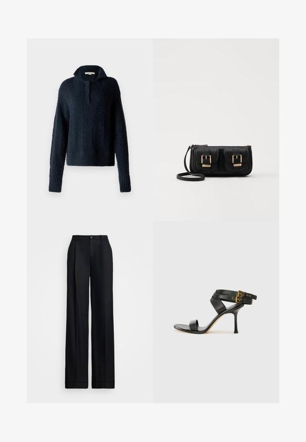 Navy knitted sweater with a high collar, featuring textured vertical stripes and ribbed cuffs and hem. Soft, chunky yarn composition.; Black wide-leg trousers featuring a smooth finish, flat front, belt loops, and a single button closure at the waist.; Black heeled sandal with crossed straps and adjustable buckle. Features a smooth texture and tapered stiletto heel.; Black leather crossbody bag with two front pockets, gold buckles, zipper closure, and a slim strap. Textured surface and compact rectangular shape.