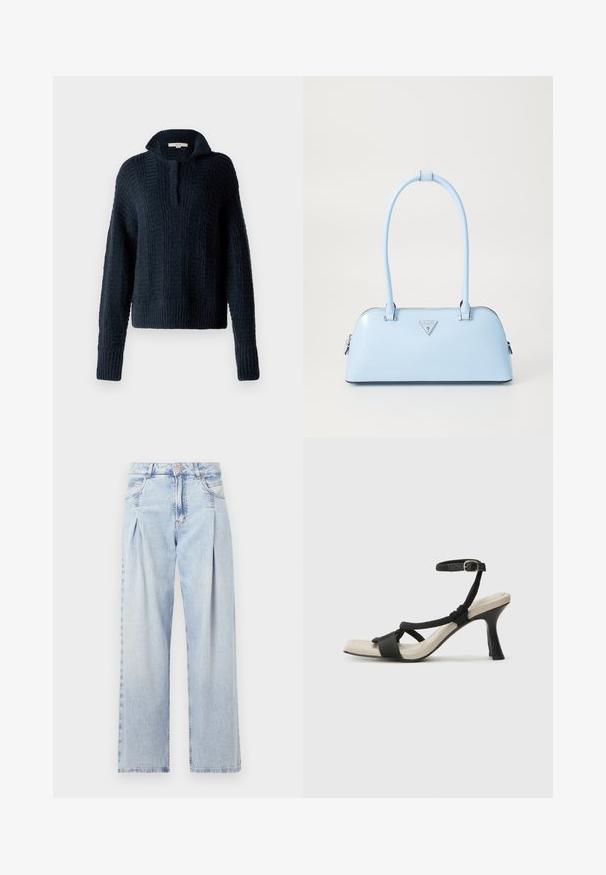 Jūrų mėlynos spalvos megztinis su aukštu apykakle, turintis tekstūrinių vertikalių juostelių ir raukšlėmis apdirbtomis rankogaliais bei apačia. Minkšta, stambaus siūlo sudėtis.; Šviesiai mėlyni džinsai su aukštu liemeniu, plačiomis kojomis, dviem šoninėmis kišenėmis ir raukinių dizainu. Minkšta tekstūra su nudilusia apdaila.; Juodų aukštakulnių sandalų su pintu dirželiu dizainas, kvadratine nosimi ir reguliuojamu kulkšnies dirželiu. Šviesiai bežė padas su blizgiu juodu kulnu.; Šviesiai mėlyna rankinė su struktūriška forma, lygaus odos paviršiaus, dviem rankenomis ir trikampiu prekės ženklo logotipu priekyje. Užtraukiama uždanga.