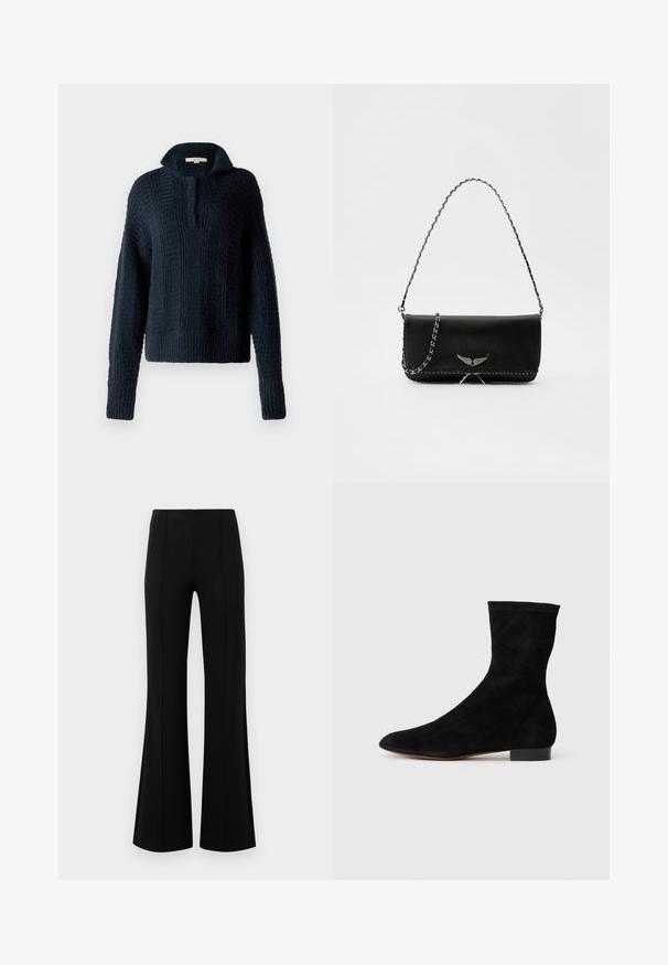 Mornarski pleteni pulover s visokim ovratnikom, koji sadrži teksturirane okomite pruge i rebraste manšete i rub. Mekan, debeli materijal od pređe.; Crne siraste hlače visokog struka, izrađene od rastezljivog materijala. Imaju vertikalne šavove sprijeda i glatku teksturu.; Crne nubuk čizme do gležnjeva s uskim okvirem, špicastim vrhom i niskom bloknom petom. Glatka tekstura i minimalistički dizajn, pogodne za svestrano stiliziranje.; Crna kožna torba s srebrnim lanac strapom, s dekorativnim krilnim naglascima i bijelim šavovima duž donjeg šava.