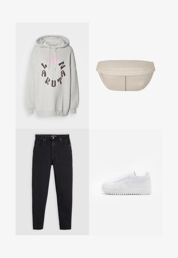 Szara bluza z kapturem z mieszanki bawełny, z dużym okrągłym grafiką w ciemnym brązie i różowym tekście. Wyposażona w kaptur ze sznurkiem i ściągacze na rękawach.; Czarne dopasowane dżinsy z zapięciem na guzik i zamek, pięć kieszeni i szlufki na pasek na jasnoszarym tle.; Białe sneakersy na platformie o gładkiej skórzanej fakturze, z perforowanymi detalami i płaskimi sznurowadłami; mają grube białe gumowe podeszwy.; Beżowa torba o zaokrąglonym kształcie, z płaskim wierzchem i subtelnymi szwami. Zawiera minimalistyczne logo oraz boczny pasek.