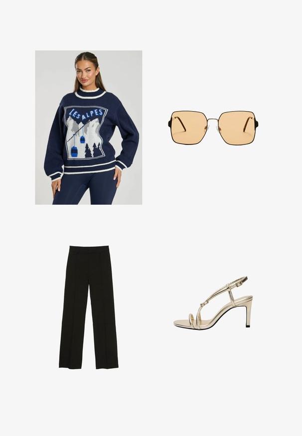 Blauer Strickpullover mit einem Grafikdesign von Bergen, Seilbahnen und "LES ALPES" in Blau, sowie weißen Akzenten am Kragen und an den Bündchen.; Schwarze weit geschnittene Hosen aus glattem Stoff, ausgestattet mit einem taillierten Bund und dezenten vorderen Falten für zusätzliche Struktur.; PULL&BEAR High Heel Sandalette - gold coloured; Quadratische Sonnenbrillen mit braunen Gläsern und einem dünnen schwarzen Metallrahmen. Verfügt über schräg gestaltete Bügel und verstellbare Nasenpads für zusätzlichen Komfort.
