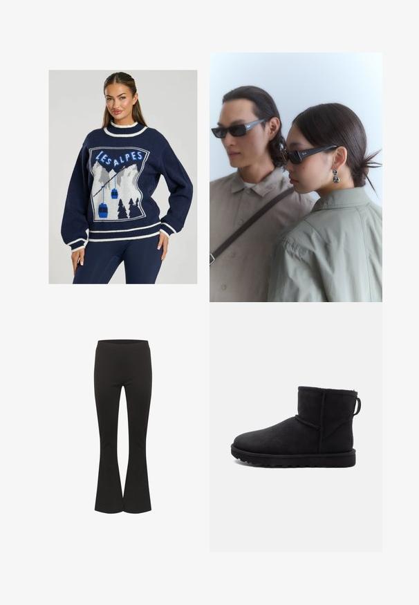Granatowy sweter dzianinowy z grafiką gór, kolejką linową oraz napisem "LES ALPES" na niebieskim tle, z białymi wykończeniami na kołnierzu i mankietach.; Czarne spódnie w kształcie dzwonów z dopasowanym stanem i gładkim materiałem, pokazane w pozycji pionowej na białym tle.; Czarne zamszowe botki za kostkę z okrągłym noskiem, ocieplone owczą wełną i płaską gumową podeszwą. Mają boczny szew oraz pętelkę do zakładania z tyłu.; Czarne prostokątne okulary przeciwsłoneczne o błyszczącym wykończeniu, z logo Ray-Ban na zauszniku, noszone przez dwie osoby w stonowanych strojach.
