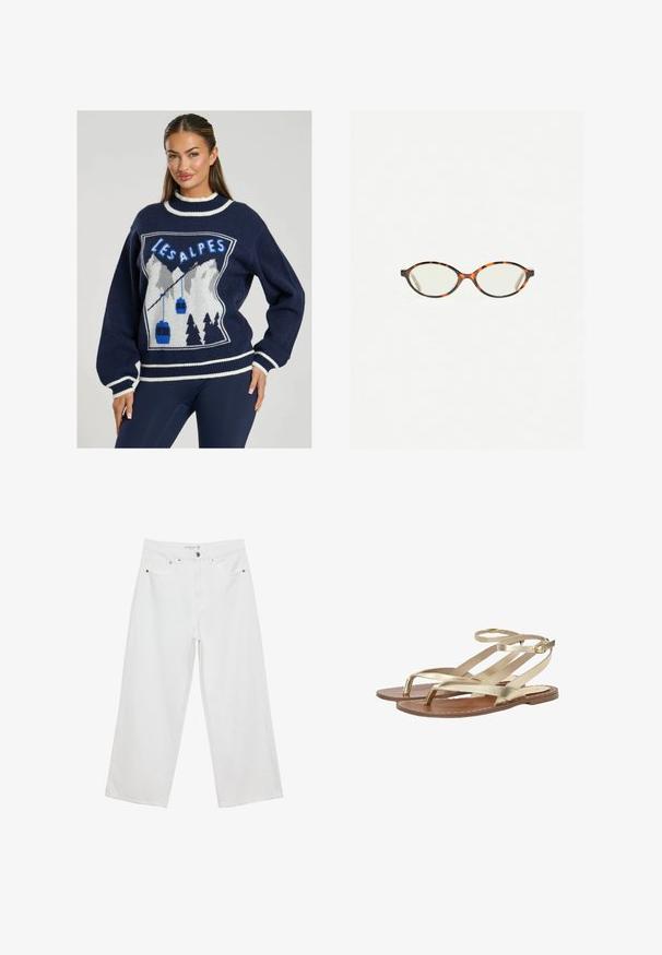 Maglione a maglia blu navale con un grafico di montagne, funivie e "LES ALPES" in blu, con rifiniture bianche al colletto e ai polsini.; Jeans bianchi a gamba larga realizzati in denim con vita alta, dotati di cinque tasche e dettagli in metallo. Texture liscia, senza motivi visibili.; Sandali strappy metallici oro con suola piatta, dotati di un dettaglio con toe post e cinturino alla caviglia con fibbia regolabile. Finitura in pelle liscia.; Occhiali in tartaruga con lenti ovali e una finitura liscia e elegante. Presentano aste sottili con una leggera curva alle tempie. Lenti trasparenti.