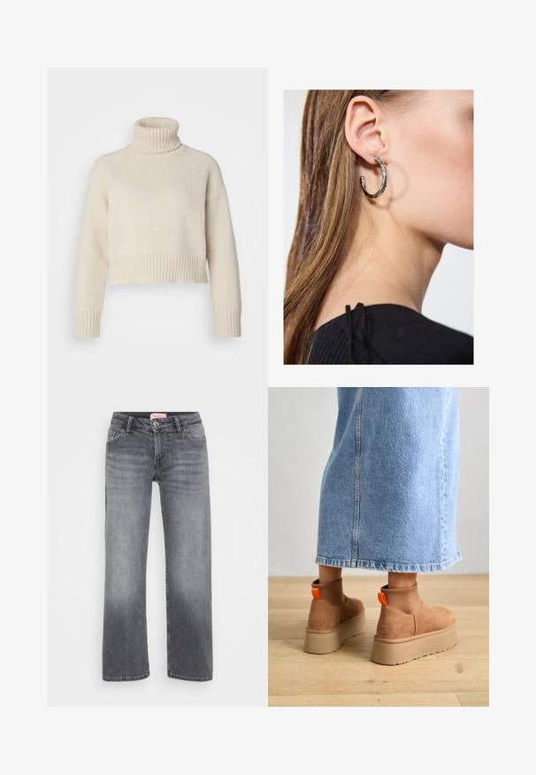 Maglione lavorato a maglia color crema con colletto alto a coste, lunghezza cropped e polsini e orlo a costine. Tessuto morbido con un motivo uniforme.; Jeans in denim grigio con design a gamba dritta, stile a cinque tasche, leggera sbiaditura e chiusura con bottone in vita.; Stivali platform in suede marrone con pannelli laterali elastici e linguette arancioni, abbinati a una gonna di jeans chiara, lunga fino al ginocchio, su un pavimento di legno.; Orecchino a cerchio in argento con finitura lucida, caratterizzato da piccoli dettagli in oro e una forma tondeggiante, indossato sul lobo.