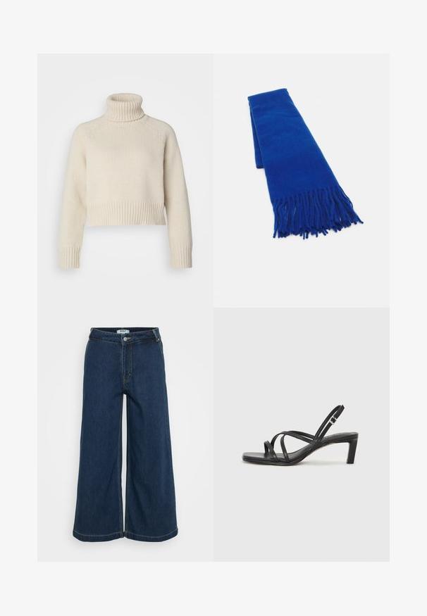 Cream-colored knitted sweater with a high ribbed turtleneck, cropped length, and ribbed cuffs and hem. Smooth texture with a solid pattern.; Wide-leg denim trousers in dark blue. Features a button closure, five pockets, light stitching, and a smooth texture.; Black strappy sandal with a square toe and a low block heel. Features multiple thin straps and an adjustable ankle strap. Made of smooth leather.; Blue woven scarf with fringed ends, smooth texture, rectangular shape, and uniform color throughout. Suitable for cold weather.; Silver double-band ring with a smooth, polished surface. Features a fluid, curved design with overlapping sections for a modern look.