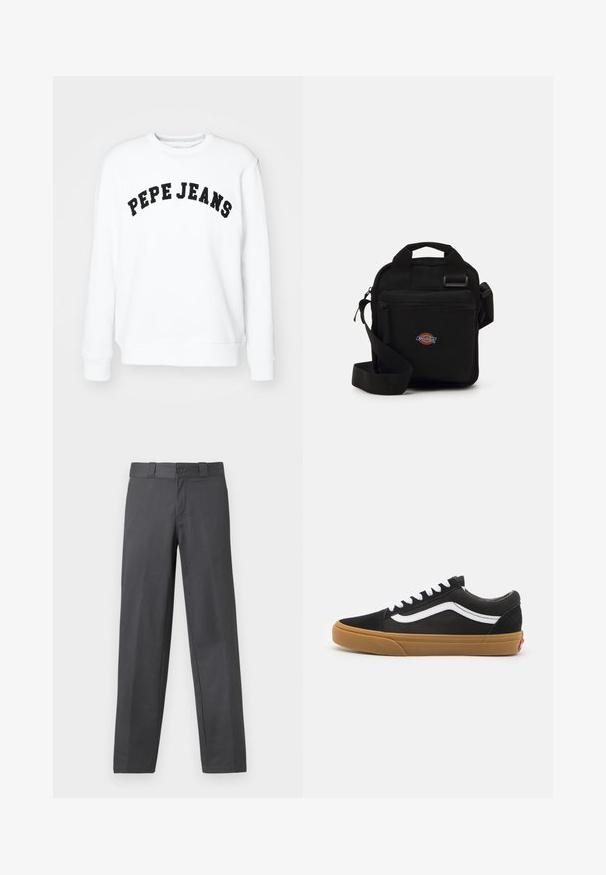 Baltas medvilnės sportinis džemperis, turi apvalų kaklą, ilgomis rankovėmis ir juodu užrašu "PEPE JEANS" priekyje.; Pilkos kelnes, pagamintos iš lygios medžiagos, tiesaus kirpimo, su mygtuko užsegimu ir dirželių kilpomis; minimalūs siūlės ir be raštų.; Juodos zomšinės sportbačiai su balta šonine juostele, baltomis raišteliais ir guminiu padu. Klasikinis žemas dizainas su tekstūruotais akcentais ir apvaliu nosiu.; Juodas per petį nešiojamas krepšys su užtrauktuku, stačiakampio formos, pagamintas iš audinio, su logotipo siuviniu priekyje, reguliuojamo ilgio petneša.