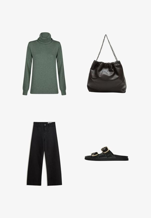 Grön polo-tröja i mjukt material, med långa ärmar och ribbad nederkant och mudd, med en slät yta genomgående.; Svarta vida denimbyxor med hög midja, med fram- och bakfickor, sydda sömmar och knappstängning. Slät textur.; Svart glidsandal med två guldfärgad spännen, slät textur av material, platt sula och en minimalistisk design.; Brun läderväska med rynkad topp och kedjesnodd. Slät textur med en blankslipad yta och subtila sömdetaljer på sidorna.