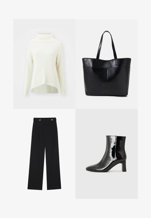 ONLY ONLKATIA SADDLE ROLL NECK - Jumper - whitecap gray melange; Black wide-leg trousers with high waist, button details on waistband, and front pleats.; Black patent leather ankle boot with a pointed toe and a mid-height block heel. Smooth texture and minimalist design.; Black leather tote bag with two long handles, a smooth texture, and a structured shape. Features a front pocket for additional storage.