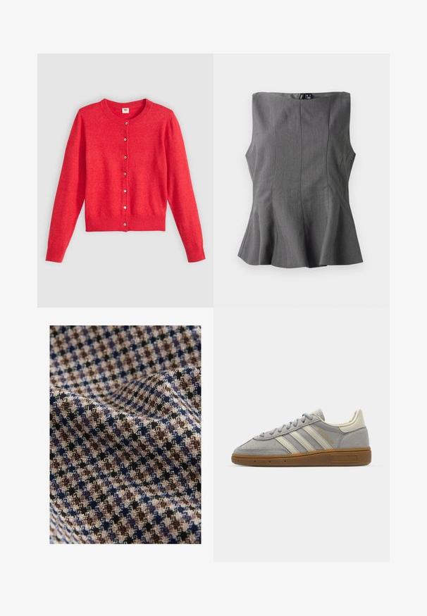 Cárdigan rojo de tejido suave con cuello redondo, mangas largas y cierre de botones en la parte delantera. Presenta botones a juego.; Top peplum gris con un diseño estructurado sin mangas. Hecho de una tela suave, presenta costuras verticales y un escote recto.; Textil con un patrón de cuadros que presenta colores beige, marrón, azul marino y negro, con un acabado texturizado. Apariencia suave y caída.; Zapatillas de ante gris con rayas de cuero gris claro y suela de goma. Las características incluyen cierre con cordones y una marca sutil en la lengüeta.
