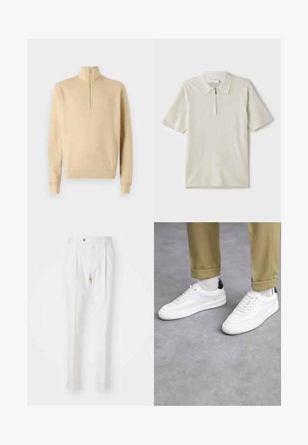 Tiger of Sweden MARLON - Felpa - practical beige; Polo a maniche corte in beige chiaro con colletto zip. Realizzato in tessuto morbido, presenta un design semplice e moderno, privo di motivi.; Pantaloni bianchi su misura con frontale liscio, due plissettature e risvolti. Realizzati in un tessuto morbido con chiusura a bottone in vita.; Sneaker bianchi con finitura in pelle testurizzata, punta arrotondata e accentuazione nera sul tallone. Suola in gomma con piccolo motivo di battistrada e dettagli cuciti.