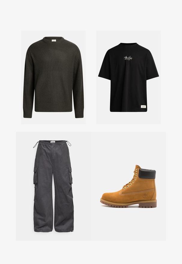 Tmavozelený, hrubý pletený sveter s okrúhlym výstrihom, spustenými ramenami a textúrovaným vzorom po celom povrchu. Rybárske manžety a lem.; Čierne tričko s krátkym rukávom vyrobené z bavlny. Obsahuje malé biele logo na hrudi a obdĺžnikový štítok v pravom dolnom rohu.; Sivé cargo nohavice s textúrovanou tkaninou, elastickým pásom, šnúrkou a detailmi postranných vreciek. Voľný strih s širokými nohavicami.; Tyrkysové semišové členkové topánky s čiernym polstrovaným golierom, zlatými kovovými očkami, bielym prešívaním a robustnou gumovou podrážkou s výraznými drážkami.