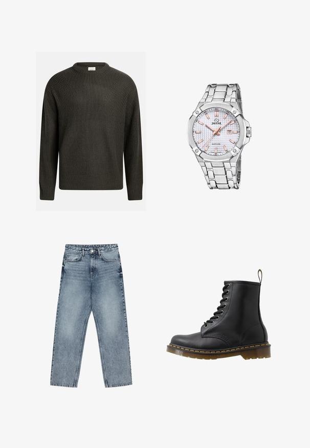Tmavě zelený, silně pletený svetr s kulatým výstřihem, spadlými rameny a texturovaným vzorem po celé ploše. Hladké manžety a spodní lem.; Světle modré džíny z denimu se střihom rovnými nohavicemi, viditelným šitím, designem s pěti kapsami a knoflíkovým zapínáním v pase.; Černá kožená kotníková bota s kulatou špičkou, designem šněrování na očka, oranžovým prošíváním a masivní průhlednou podrážkou. Ucho na zzipu vzadu.; Stříbrné nerezové hodinky s texturovaným bílým ciferníkem, rose gold akcenty, zobrazením data a náramkem s články. Kryt ze safírového skla.