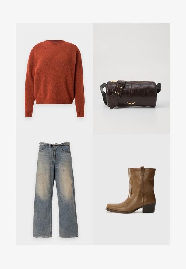 Pull en maille couleur rouille avec un col rond et des poignets côtelés. Le tissu a une apparence douce et texturée. Aucune garniture ou motif visible.; Jean en denim bleu clair avec une coupe ample et droite. Caractéristiques de décoloration, d'effilochage et de détails usés près des genoux. Style classique à cinq poches.; Bottine en cuir marron avec un orteil carré, une finition texturée et un petit talon empilé. Présente une languette à l'arrière et des détails de couture subtils.; Sac en cuir embossé crocodile marron avec une forme cylindrique, quincaillerie dorée et une bandoulière détachable ornée de clous.
