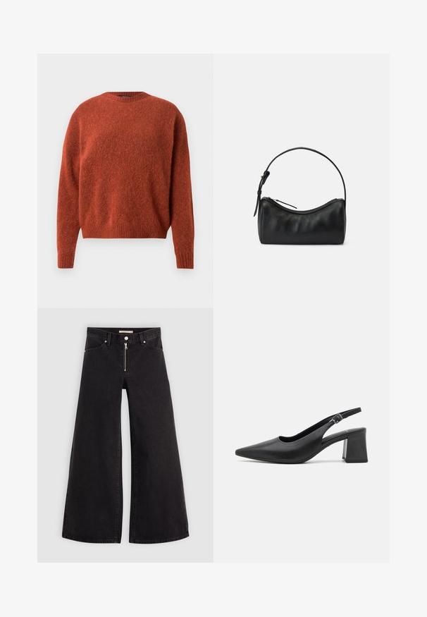 Rustfarget strikkegenser med rund hals og ribbestrikkede mansjetter. Stoffet har en myk, strukturert overflate. Ingen synlig maskinvare eller mønstre.; Vide benbukser i sort denim med glidelås i front, fem-lomme design og subtile sømdetaljer. Glatt tekstur og avslappet stil.; Svart lær slingback hælsko med spiss tå og kraftig klosshelt. Har justerbar stropp med metallspenne.; Svart lær skulderveske med buet design, glidelås og smal stropp. Har en glatt tekstur og subtile sømdetaljer.