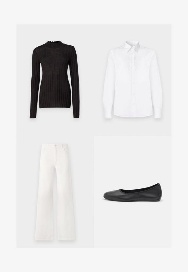 Pulover negru cu maneci lungi, cu guler înalt și volănașe. Materialul este neted, cu o siluetă ajustată și prezintă dungi verticale.; Cămașă albă cu mâneci lungi, confecționată dintr-un material neted, având guler și deschidere cu nasturi de un roz deschis.; Jeans albe, cu talie înaltă și croială largă, realizate din denim. Dispun de închidere cu buton, două buzunare frontale și cusături detaliate pe laterale.; Balerini din piele neagră, cu vârf rotund, textură netedă, detalii de cusătură minimale și un design al tălpii flexibil.