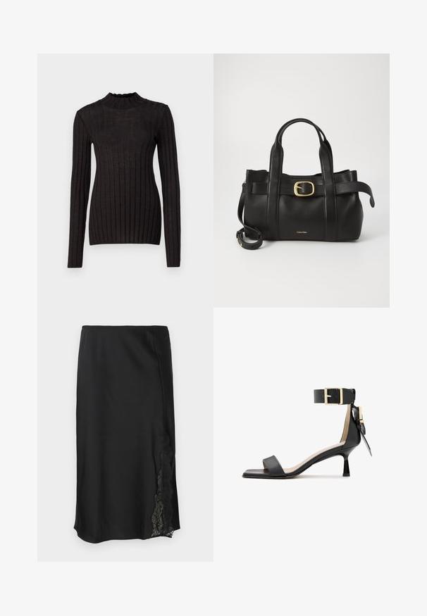 Juoda, raukšlėta, ilgomis rankovėmis palaidinė su aukštu, raukšlėtu kaklu. Medžiaga lygi, su prigludusia siluetu ir vertikaliomis juostelėmis.; Juodas satino sijonas su lygiu paviršiumi, su nėrinių akcentu vienoje pusėje ir tiesiu apvadu. Elastinga juosta prisitaikymui.; Juodos odinės aukštakulnės šlepetės su kvadratiniu pirštu, kulkšnies dirželiu su auksiniu užsegimu ir siauru kulnu. Lygus paviršius, minimalistinis dizainas.; Juodas odinis rankinės maišas su struktūrizuotu dizainu, dviem viršutinėmis rankenomis, auksinės spalvos sagtimi ir iškilniu prekės ženklu priekyje.