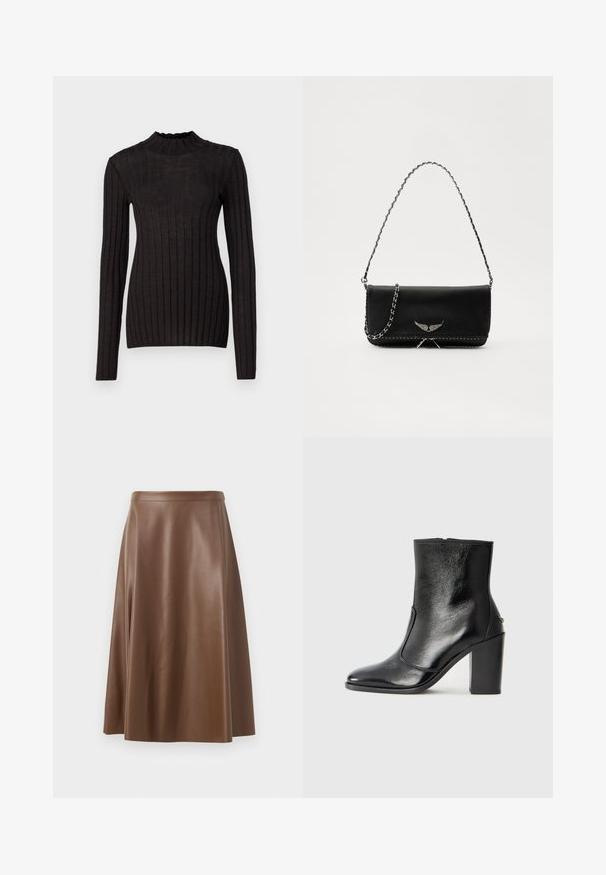 Fekete bordázott, hosszú ujjú pulóver magas, fodros nyakkal. Az anyaga sima, testhez simuló szabású, és függőleges csíkokkal rendelkezik.; Barna bőrből készült A-vonalú szoknya sima textúrával és közepes hosszúságú szegéllyel. Fitted derékrésszel rendelkezik és enyhén bővül a csípőnél.; Fekete bőr bokacipő sima textúrával, hegyes orral és vastag, magas sarkával. Oldalnyílással és minimalista dizájnnal rendelkezik.; Fekete bőrtáska ezüstlánc pánttal, díszes szárnyakkal és fehér varrással az alsó varrat mentén.