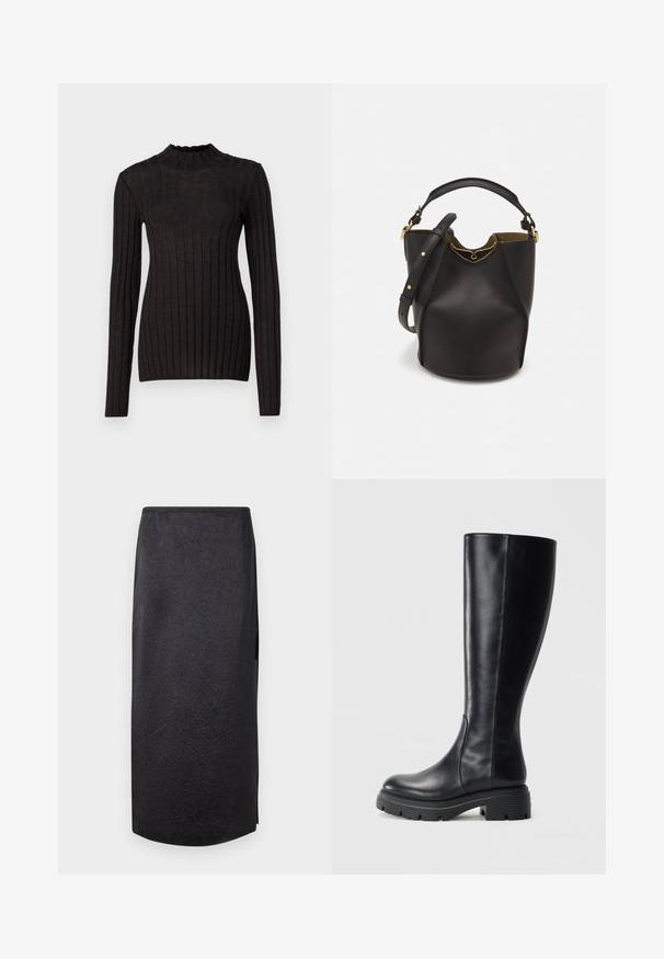 Must mustriba pika käisteta särk kõrge volangkaelusega. Kangas on sile, kehakujuline ning sellel on vertikaalsed triibud.; Mustra musta midi seelik, millel on kortsuline tekstuur, sirge lõige ja külgniit. Materjal tundub kerge. Serv on veidi ümar.; Siled mustad põlvini saapad, mis on valmistatud siledast nahast, ümmarguse varbaga ja jõulise kummist tallaga, millel on mustriga pind hea haardumise tagamiseks.; Mustast nahkämbriga kott tekstuurses viimistluses, kuldsete metalldetailide aktsentidega ja avatud ülaosaga. Omab lühikest käepidet ja reguleeritavat õlavarre rihma.