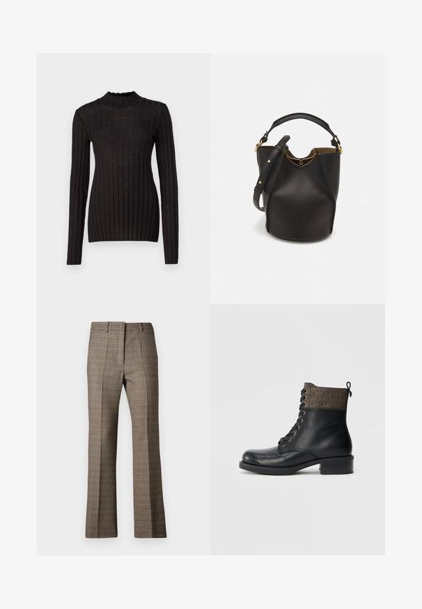 Black ribbed long-sleeve sweater with a high, ruffled neck. The fabric is smooth with a fitted silhouette and features vertical stripes.; Brown plaid trousers with a straight leg cut, featuring a textured fabric and subtle colors of beige and darker browns throughout the pattern.; Lace-up ankle boot in black leather with a brown patterned textile collar. Features gold eyelets and a block heel. Rear pull tab included.; Black leather bucket bag with a textured finish, gold hardware accents, and an open top. Features a short handle and adjustable shoulder strap.