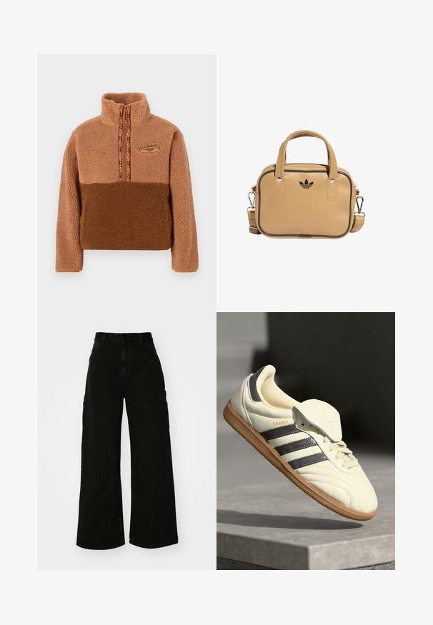 Brauner Fleece-Pullover mit hohem Kragen, ausgestattet mit einem Reißverschluss und mehrfarbigem gemustertem Besatz. Gesticktes Logo auf der Brust.; Schwarze weite Cargo-Jeans mit hohem Bund, Frontknopfverschluss und Seitentaschen. Glatte Textur mit minimaler Naht.; Cremfarbene Ledersneaker mit drei dunklen Streifen, einer braunen Gummisohle und einer abgerundeten Zehenpartie. Hat eine faltbare Zunge, die mit "SAMBA" beschriftet ist.; Beige veganes Lederhandtasche mit zwei Griffen, abnehmbarem Schultergurt, schwarzen Akzentnähten und einem kleinen schwarzen Logo auf der Vorderseite.