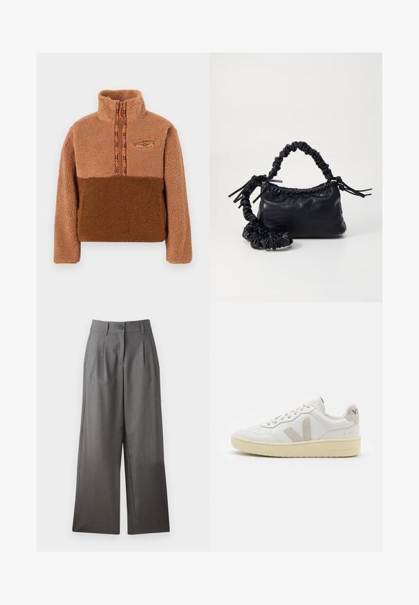 Pulover maro din fleece cu guler înalt, prevăzut cu fermoar și margine cu model multicolor. Logo brodat pe piept.; Pantaloni largi din țesătură gri închis, cu închidere prin buton, pliseuri în față și textură netedă. Fără modele sau accente vizibile.; Pantofii sport din piele albă cu accente din suede bej, cutie pentru degete perforată, șireturi plate și o talpă texturată de crem. Prezintă branding subtil pe călcâi.; Geantă din faux leather neagră cu textură de crocodil, cu partea superioară strânsă și o curea mototolită. Pare moale și compactă ca design.