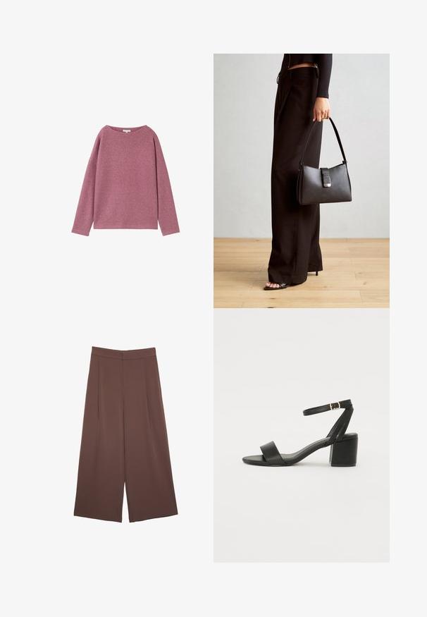 Maglione a maniche lunghe, dalla vestibilità ampia, realizzato in morbido materiale a maglia di colore rosa. Collo rotondo e spalle scese, con un trattamento testurizzato.; Pantaloni ampi marroni con una texture liscia, caratterizzati da una vita alta e pieghe frontali. Il tessuto è leggero e scorre liberamente.; Sandalo nero con tacco alto, caratterizzato da una tomaia in pelle liscia, punta aperta, ampie fasce frontali e cinturino a caviglia regolabile con un dettaglio in fibbia dorata.; Borsa nera con forma strutturata, texture liscia e una chiusura metallica. Abbinata a pantaloni neri larghi e sandali open-toe su un pavimento in legno.