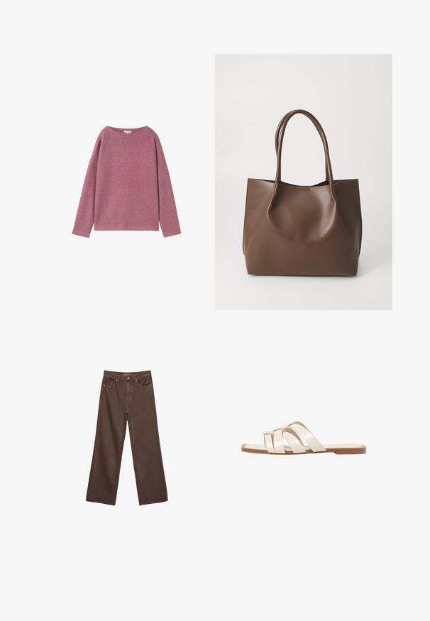 Długi rękaw, luźny sweter w miękkim różowym dzianinie. Okrągły dekolt i opadające ramiona, z teksturowanym wykończeniem.; Szerokie brązowe dżinsy wykonane z denimu, z wysokim stanem, przednimi kieszeniami i klasycznym zapięciem na guzik. Gładka faktura z subtelnym przeszyciem.; Płaskie sandały z brązową gumową podeszwą, zaprojektowane z trzema nakładającymi się na siebie białymi skórzanymi paskami i małym detalem w postaci kokardy na środku.; Brązowa skórzana torba tote z dwiema długimi rączkami, o strukturalnym kształcie, gładkiej fakturze i minimalistycznym designie. Brak widocznych elementów metalowych lub akcentów.
