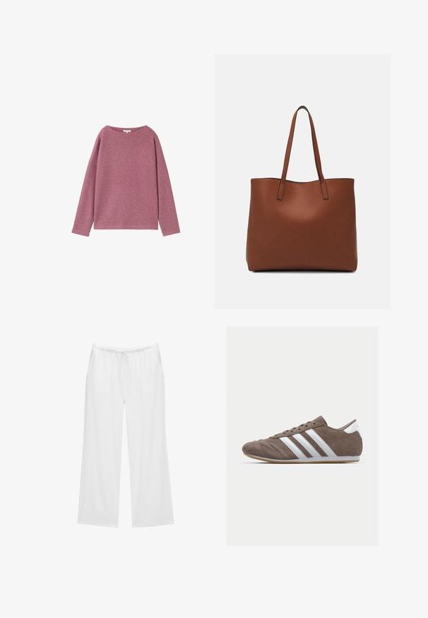 Hosszú ujjú, laza szabású pulóver puha rózsaszín kötött anyagból. Öblös nyakú és lelógó vállú, texturált felülettel.; Fehér, bővülő szárú nadrág puha anyagból, elöl húzózsinórral ellátott gumis derékkal és két oldalsó zsebbel. Egyszerű és letisztult dizájn.; Barna velúr sportcipő fehér csíkokkal, kerek orral, fűzős kialakítással és gumitalppal. Textúrázott felsőrész varrási részletekkel.; Barna bőr vászontáska sima textúrával, nyitott tetejű dizájnnal és két vállpánttal. Minimális varrással és látható hardver nélkül készült.