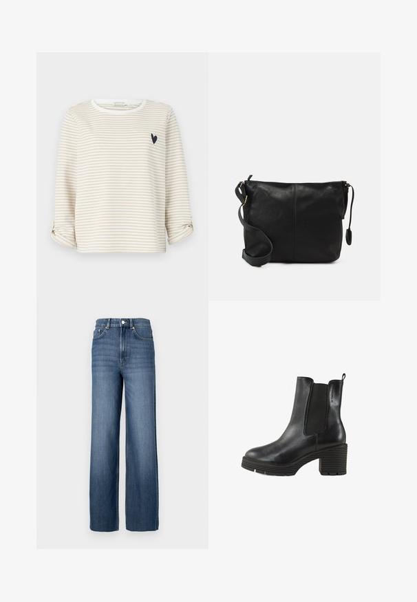 Maglietta a maniche lunghe beige e bianca a righe con scollatura arrotondata e un piccolo disegno a cuore nero sul petto. Polsini arrotolati.; Jeans in denim blu con vita alta e taglio ampio. Caratterizzati da un classico design a cinque tasche e dettagli con bottoni in metallo.; Stivale alla caviglia in pelle nera con lati elasticizzati, tacco spesso e texturizzato, e un pratico inserto per il tallone. Punta arrotondata e suola a coste distintive.; Borsa a tracolla in pelle nera con forma piatta, dettagli in metallo dorato e tracolla regolabile. Texture liscia con dettagli di cucitura minimi.