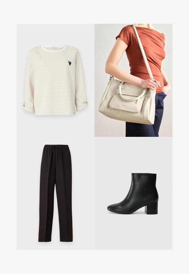 Beżowa i biała bluzka z długimi rękawami w paski, z okrągłym dekoltem i małym czarnym wzorem serca na klatce piersiowej. Rękawy zakończone podwinięciem.; Czarne szerokie spodnie z elastycznym pasem i regulowanym sznurkiem. Wykonane z gładkiego, lekkiego materiału bez widocznych wzorów.; Czarne skórzane botki za kostkę z ostrym noskiem i masywnym obcasem. Gładka tekstura z minimalnymi akcentami i elegancki, dopasowany fason.; Biała skórzana torebka z podwójnymi uchwytami i odczepianym paskiem, z przednią kieszenią na zamek i gładką fakturą. Nioszona na ramieniu przez osobę.