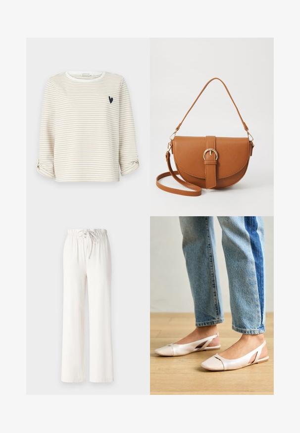 Beige en witte gestreepte top met lange mouwen, een ronde halslijn en een klein zwart hartontwerp op de borst. Opgerolde mouwmanchetten.; Witte wijde broek van zacht materiaal, met een tailleband met trekkoord en een gladde textuur. Geen patronen of versieringen zichtbaar.; Zachtroze slingback ballerina's met een spitse neus, gemaakt van een glad leerachtig materiaal. Bevat uitsnijdingen aan de zijkanten en heeft een platte hak.; Bruine leren schoudertas met een gebogen vorm, gouden hardware en een gespaccent. Bevat een afneembare schouderriem.