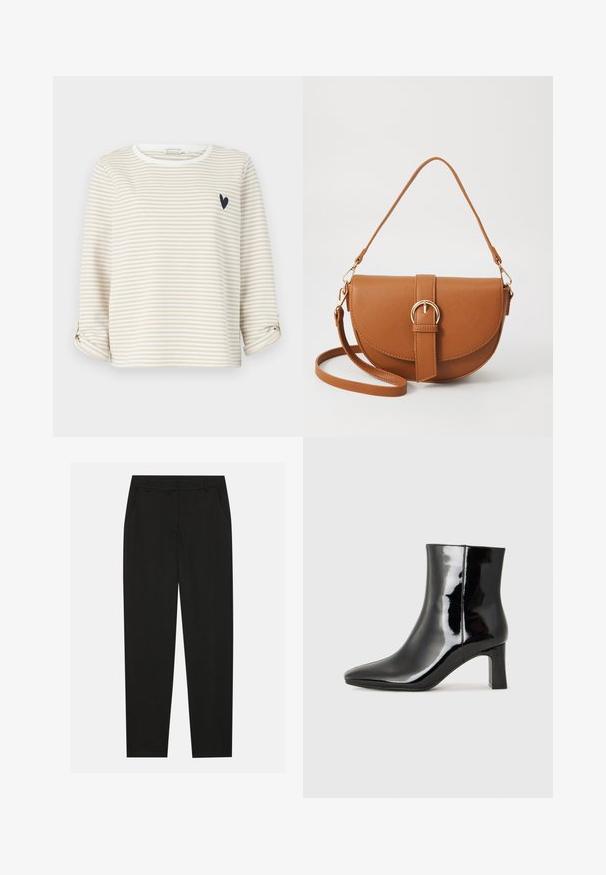 Beige ja valge triibuline pikkade varrukatega pluus, millel on ümar kaelus ja väike must süda rinnal. Keeratud varrukaotsad.; Musta housut, joissa on räätälöity muotoilu, sivutaskut ja suora lahje. Valmistettu sileästä, kevyestä kankaasta, jossa on tyylikkäät pinnat.; Musta patenttilakattu nilkkuri, jossa on terävä kärki ja keskipitkä lohkarekorko. Silkkinen pinta ja minimalistinen muotoilu.; Ruskean nahkainen olkalaukku, jossa on kaareva muoto, kultaiset yksityiskohdat ja solkiyksityiskohta. Varustettu irrotettavalla olkahihnalla.