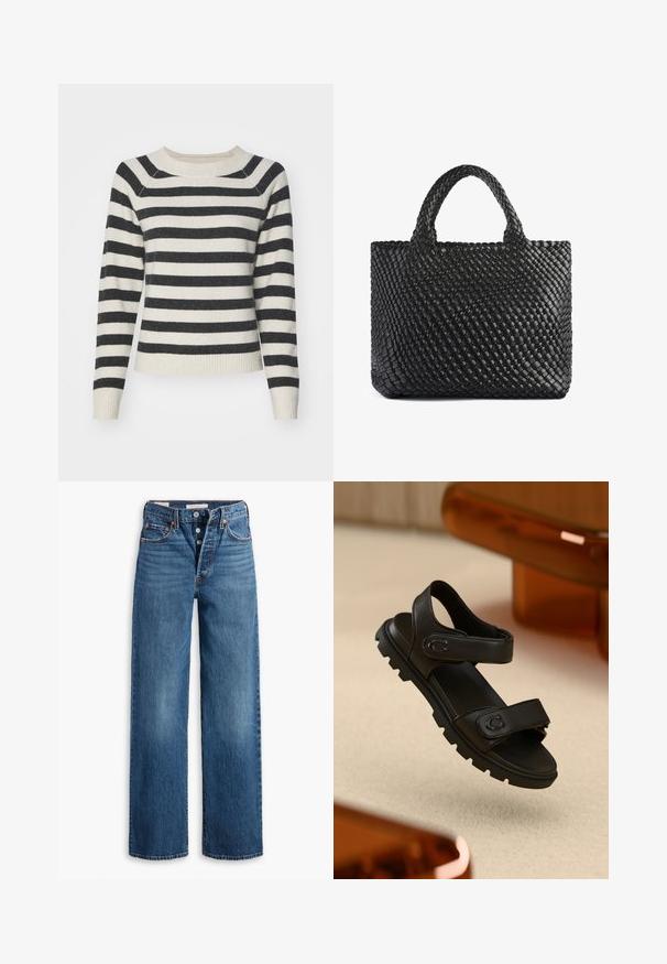 Csíkos pulcsi fekete és krém színű vízszintes csíkokkal, bordázott mandzsettákkal és aljjal, kerek nyakkivágással és puha tapintással. Közepes hosszúságú ujjakkal.; Két ujjatlan bodyn, olajzöld és fekete színben. Simított anyagból készültek, kerek nyakkivágással és magasabb lábképpel.; Kék farmer nadrág, széles lábakkal, öt zsebbel, gombos záródással és kontrasztos varrással. Textúrált anyag, halványított felülettel.; Fekete bőr szandál két állítható pánttal, texturált talppal és merész, vastag dizájnnal. A pánton logó részlet található.; Fekete szőtt nagy táska két fogantyúval, amelynek texturált felülete és téglalap alakja van. Egyszerű, egyedi dizájn, látható hardver nélkül.