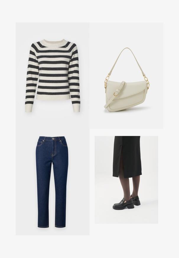 Prúhovaný sveter s čiernymi a krémovými horizontálnymi pruhmi, s rebrovanými manžetami a spodným okrajom, okrúhlym výstrihom a jemnou textúrou. Sveter má stredne dlhé rukávy.; Tmavomodré denimové džínsy s rovný fit, s predným zipsom, zapínaním na gombík a zvýrazneným šitím na vreckách a švoch.; Čierne kožené topánky s okrúhlou špičkou, silným blokovým opätkom a elastickými bočnými akcentmi, skombinované s tmavými pančuchami a čiernou sukňou so štiepením.; Malá krémová kabelka s textúrovaným povrchom, dlhým nastaviteľným popruhom, reťazovým detailom a klopovým uzáverom. Zlaté kovové prvky.